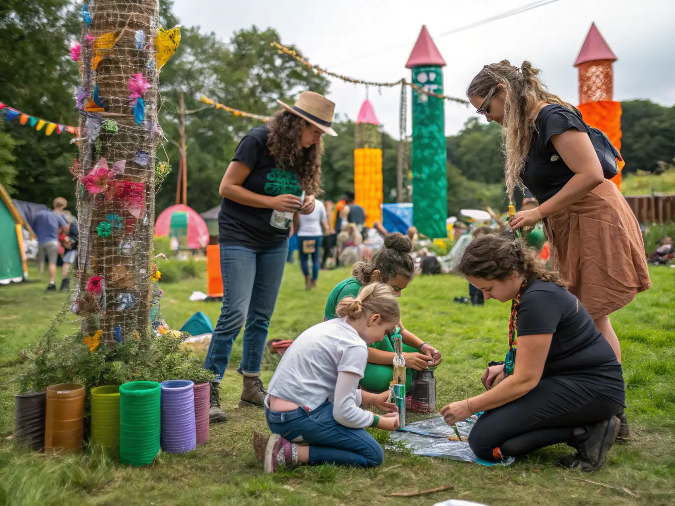 A serene image of an art workshop focused on sustainable practices, with participants using recycled materials to create sculptures, emphasizing the organization's commitment to environmental responsibility.