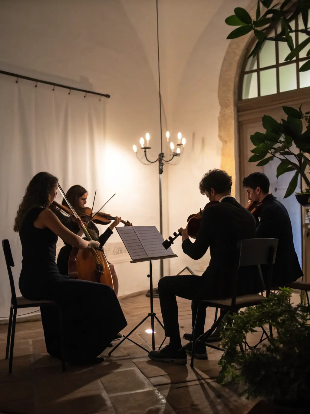 A captivating image of a musical performance in a historical building, featuring musicians and singers, highlighting ART VERT EN PAYS FORT's support for musical arts.