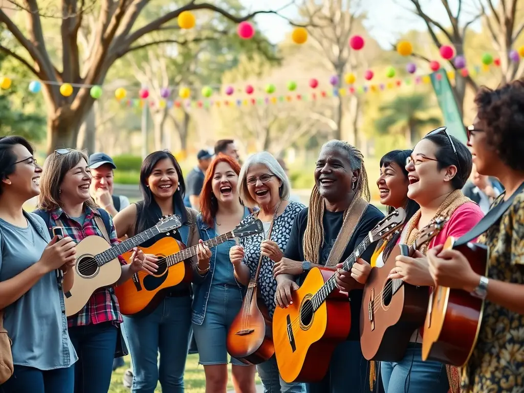 A vibrant image of a community event organized by ART VERT EN PAYS FORT, showcasing people of all ages enjoying a performance in a natural setting.