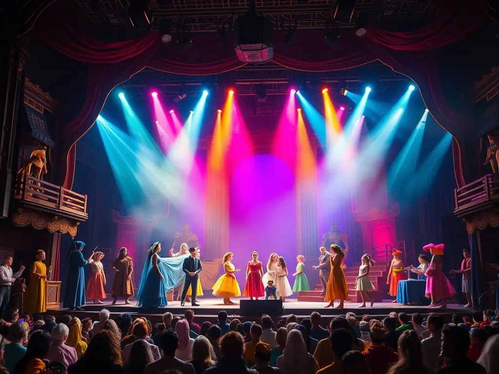 A captivating photograph of a live theatrical performance taking place in a historic building in Pays Fort, showcasing actors in costume and a captivated audience.