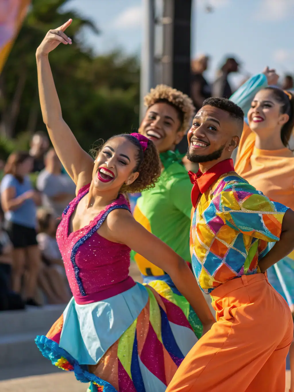 A dynamic image of a dance performance in a public square, with dancers interacting with the audience, showcasing ART VERT EN PAYS FORT's promotion of dance and movement arts.