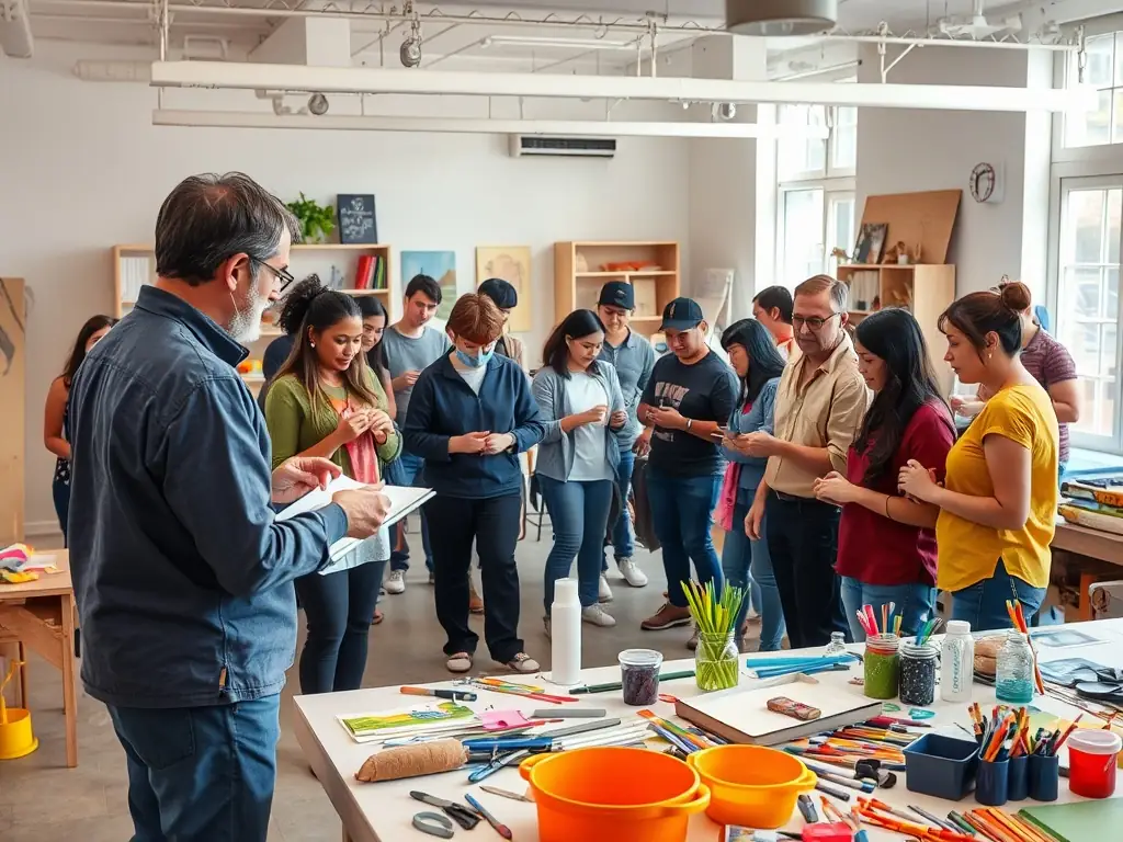 A photograph of participants actively engaged in an art workshop organized by ART VERT EN PAYS FORT, showing individuals of different ages working on various art projects with guidance from an instructor.