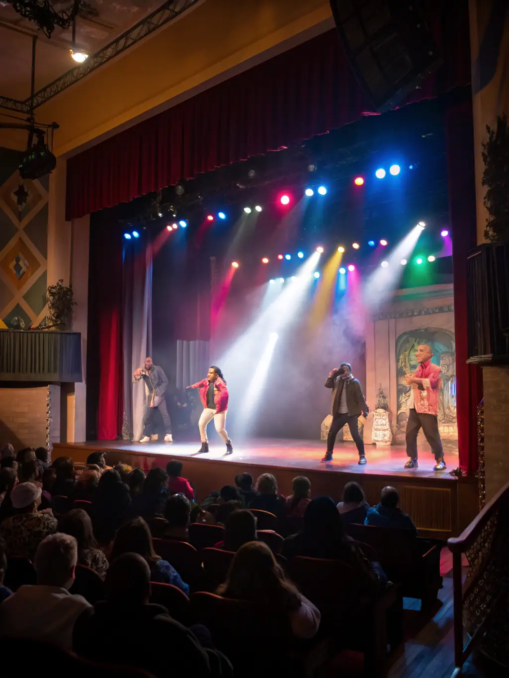 A vibrant image of a community theater performance in a rural setting, showcasing local actors and a diverse audience, capturing the essence of ART VERT EN PAYS FORT's commitment to accessible arts.
