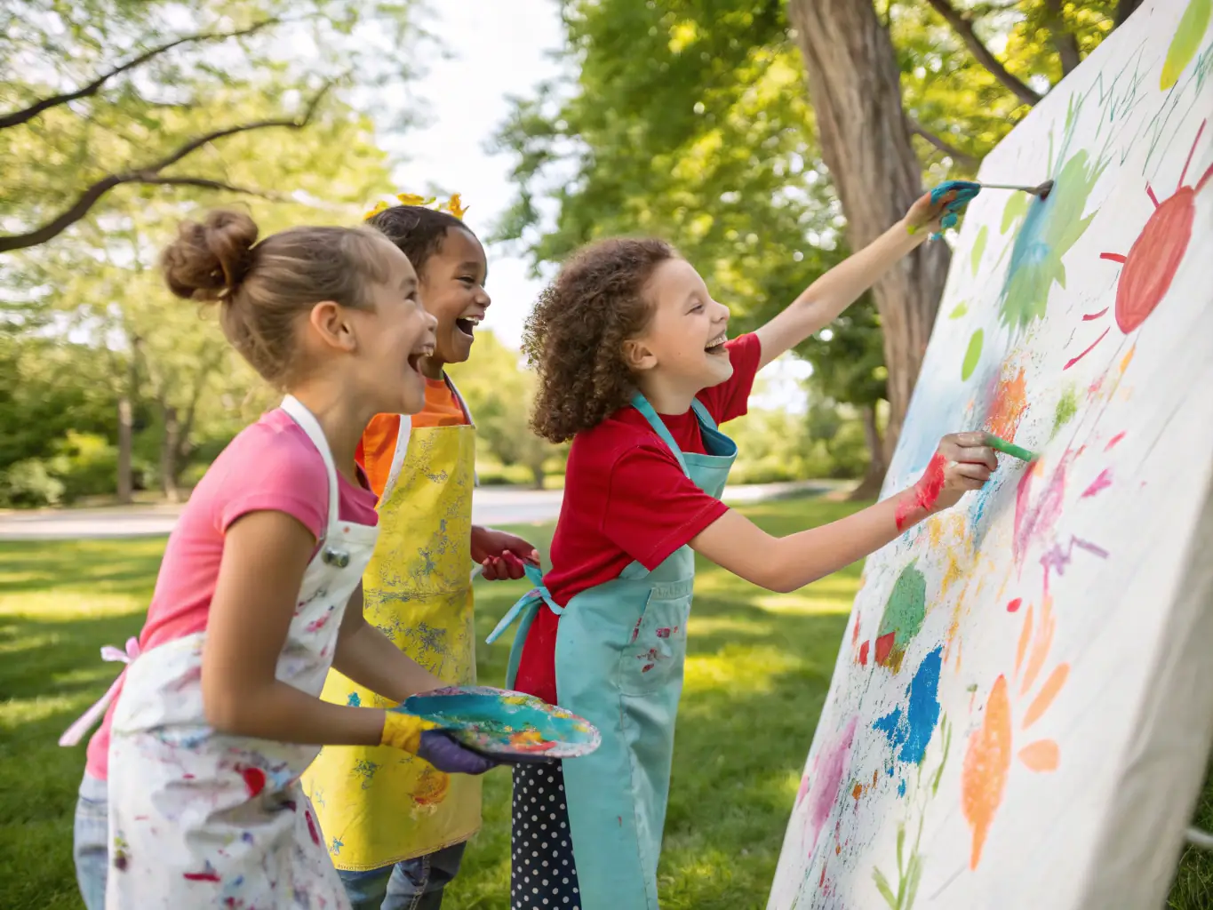 A vibrant image depicting a group of children participating in an outdoor art workshop, surrounded by easels and colorful paints, with the scenic Pays Fort landscape in the background.