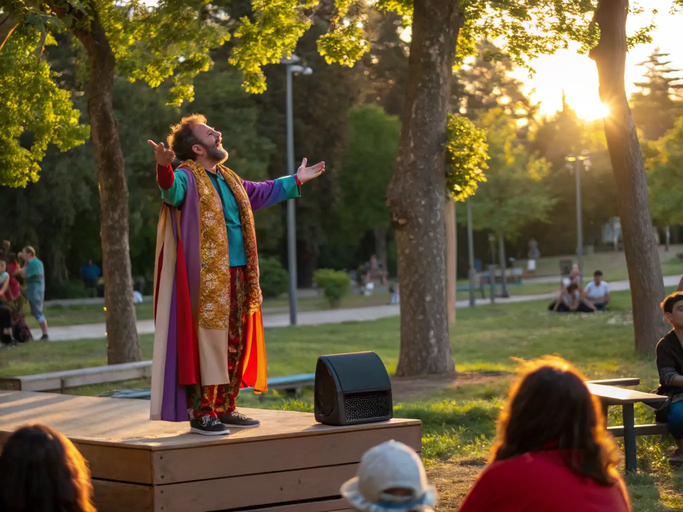 A photograph of a theatrical performance taking place outdoors, with the audience seated on hay bales, capturing the essence of live performance in a natural setting.
