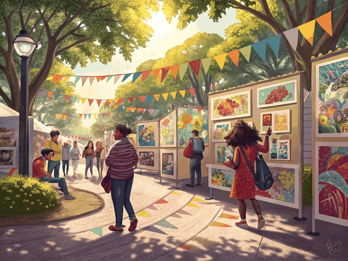 A vibrant image showcasing a community arts festival, with diverse participants engaging in various artistic activities under a canopy of green trees, symbolizing the blend of art and nature.