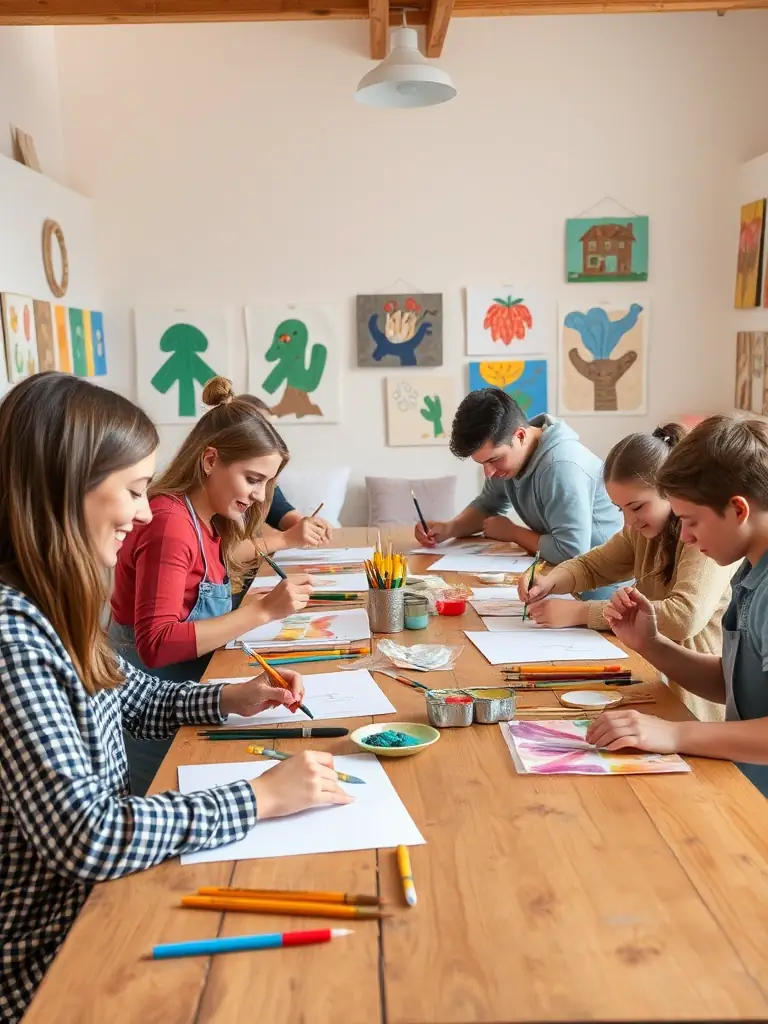 A dynamic image of participants actively engaged in an artistic workshop, learning new skills and expressing their creativity under the guidance of experienced artists.