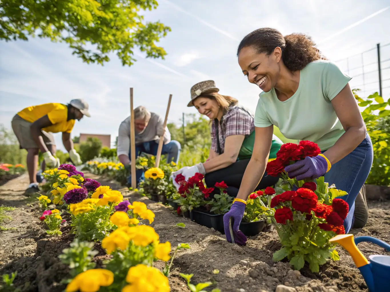 A serene image of a community garden project, with volunteers planting flowers and vegetables, symbolizing the organization's commitment to sustainability and community engagement.