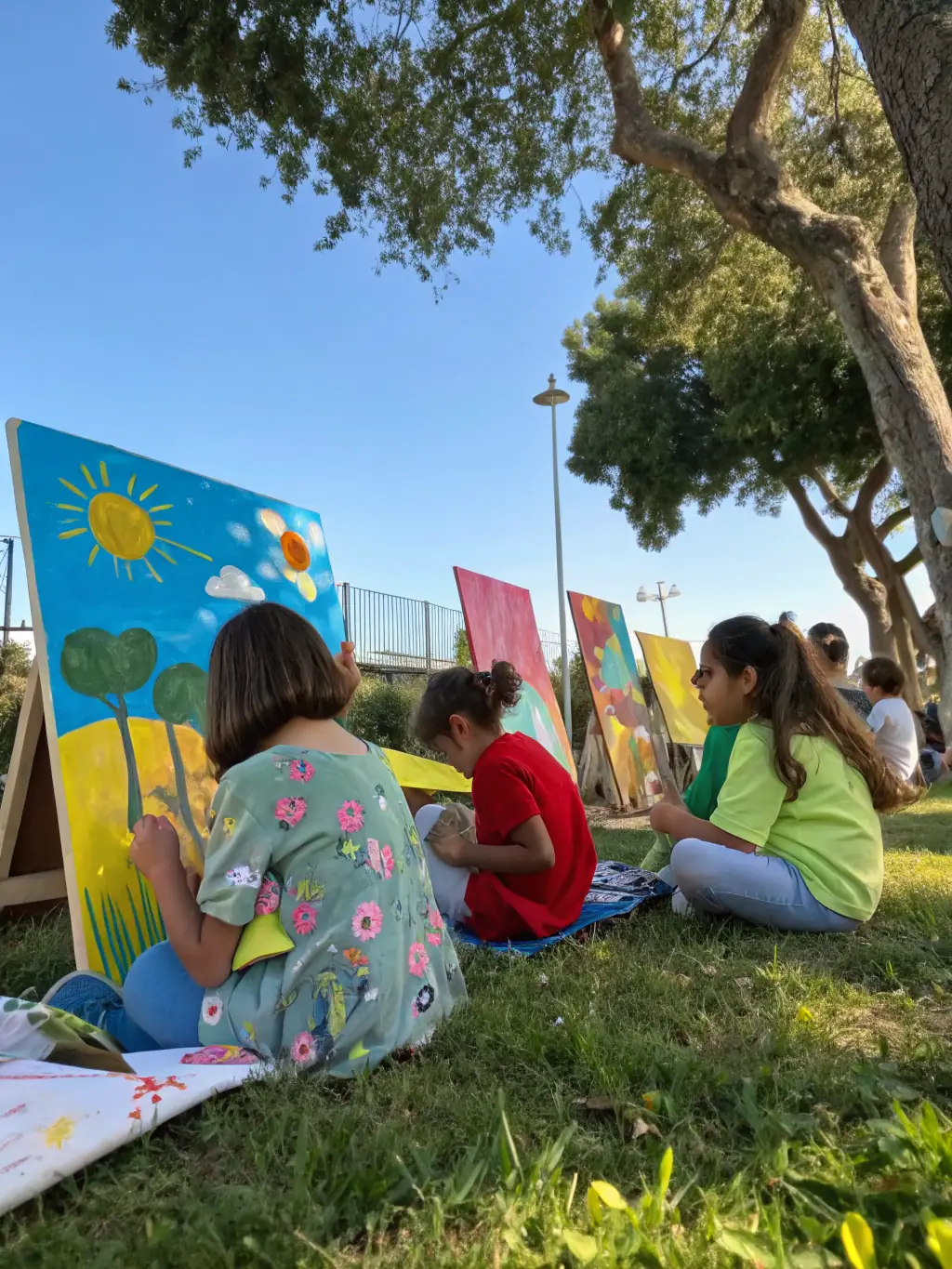 A photograph of children participating in an art workshop, painting outdoors with guidance from an instructor, illustrating ART VERT EN PAYS FORT's dedication to arts education.