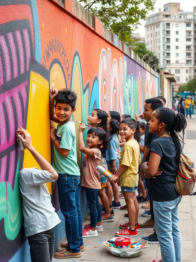 A heartwarming picture of an intergenerational art project, where children and seniors are working together on a mural, symbolizing the organization's commitment to intergenerational connection.
