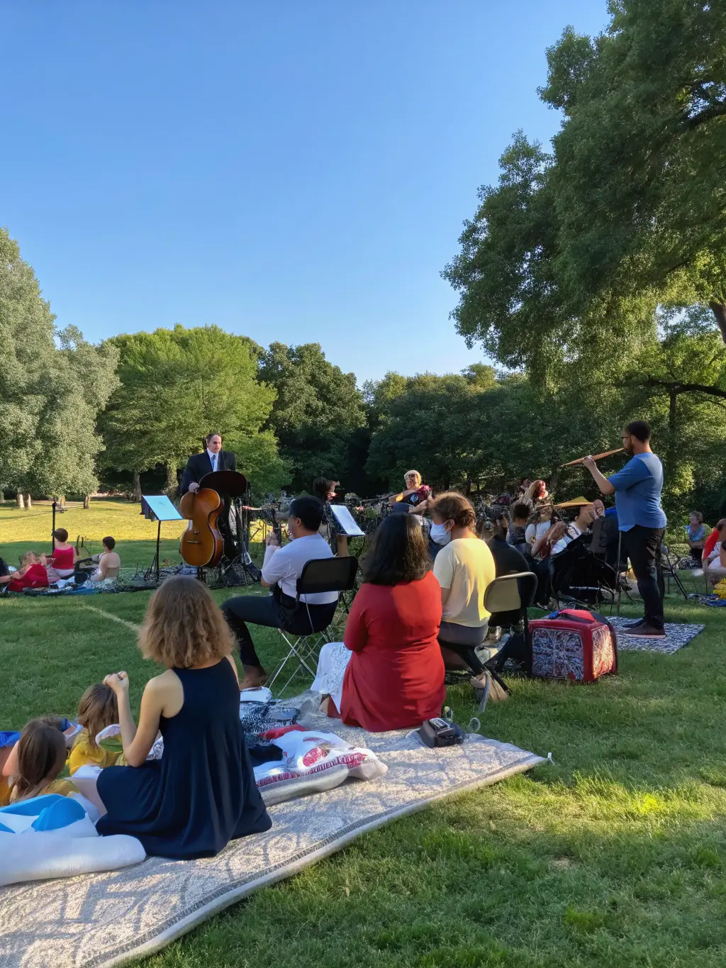 A vibrant photograph capturing a community event organized by ART VERT EN PAYS FORT, showcasing people of all ages enjoying a live performance in a local park.